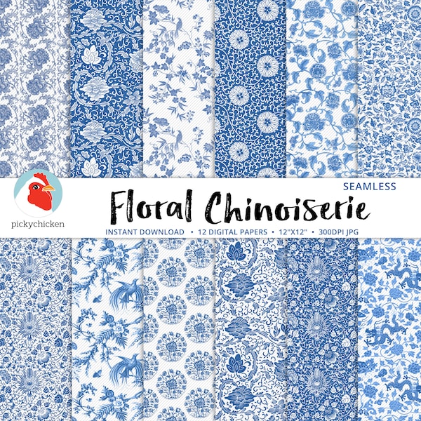 Chinoiserie Floral Digital Paper, seamless French flower patterns, blue and white, Chinese, sublimation decoupage photography backdrop 8114