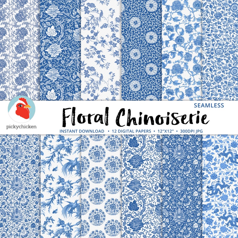 Chinoiserie Floral Digital Paper, seamless French flower patterns, blue and white, Chinese, sublimation decoupage photography backdrop 8114 image 1