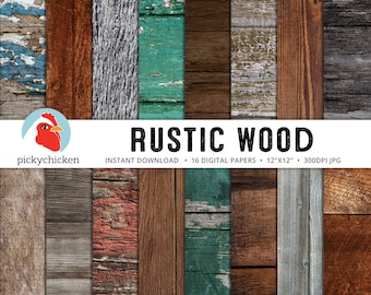 May include: A set of 16 digital papers featuring rustic wood textures in various shades of brown, gray, blue, and red. The papers are 12 inches by 12 inches and 300 DPI.  "RUSTIC WOOD" is written in white text on a black background.