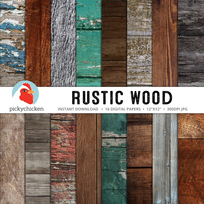 May include: A set of 16 digital papers featuring rustic wood textures in various shades of brown, gray, blue, and red. The papers are 12 inches by 12 inches and 300 DPI.  "RUSTIC WOOD" is written in white text on a black background.