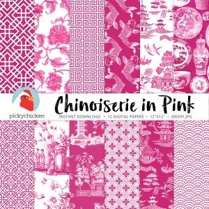 Chinoiserie Pink Digital Paper, Chinesische Muster, rosa & weiß, Valentines, Französisch, China, Asien, Sublimation, Decoupage 8106