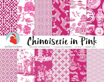 Chinoiserie Pink Digital Paper, Chinese patterns, pink & white, Valentines, french, china, asia, sublimation, decoupage 8106