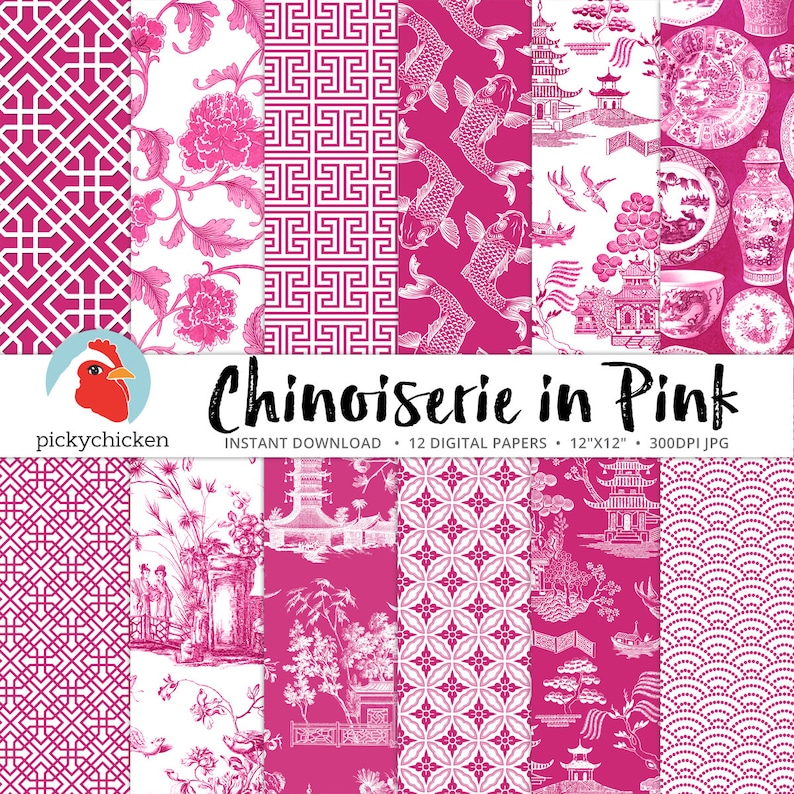 Chinoiserie Pink Digital Paper, Chinese patterns, pink & white, Valentines, french, china, asia, sublimation, decoupage 8106 image 1