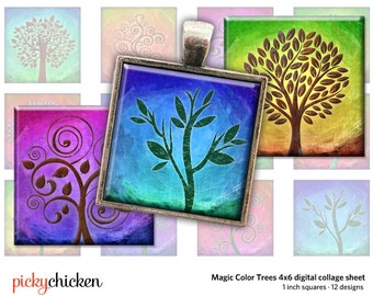 Tree of Life - 1 inch squares 25mm 4x6 page - rainbow color trees digital collage sheet printable - Instant Download 2127