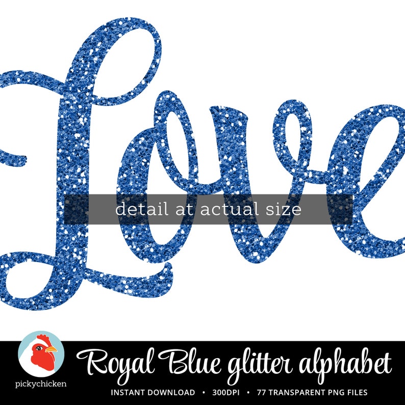 May include: Royal blue glitter alphabet letters spelling "Love" in a cursive font. The letters are sparkly and have a textured look.