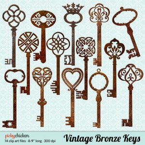 Vintage brons sleutels clip art - 14 roestige metalen 3D skeleton key Celtic Victoriaanse Frans - digitale downloadbare bestanden direct downloaden 5008