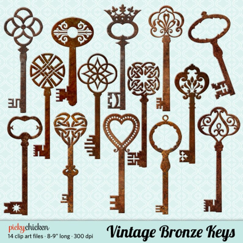 May include: A set of 14 vintage bronze keys with intricate designs. The keys are all different shapes and sizes, and they have a rustic, aged look.  The keys are perfect for adding a touch of vintage charm to any project.