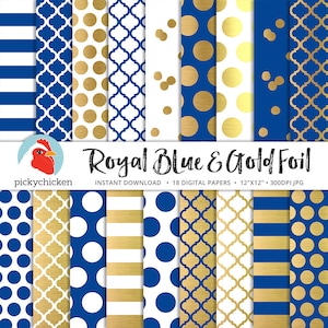 Gold Foil Digital Paper Royal Blue & Gold, gold dots stripes confetti moroccan trellis faux gold foil photography backdrop 8093 image 1