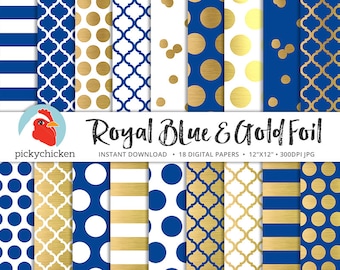 Puede incluir: Un paquete de papel digital con 18 patrones diferentes en azul real y oro metálico. Los patrones incluyen lunares, rayas y un diseño geométrico. El texto "Royal Blue & Gold Foil" está en la parte superior de la imagen.