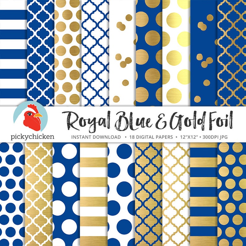 Gold Foil Digital Paper Royal Blue & Gold, gold dots stripes confetti moroccan trellis faux gold foil photography backdrop 8093 image 1