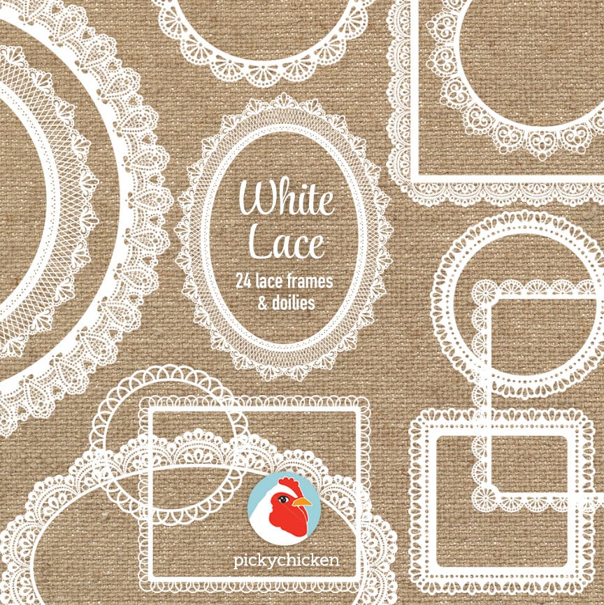 Clip Art in pizzo - 24 cornici in pizzo bianco centrini - centrino matrimonio shabby chic etichette clipart fotografia sovrapposizione stampabile download immediato 5013