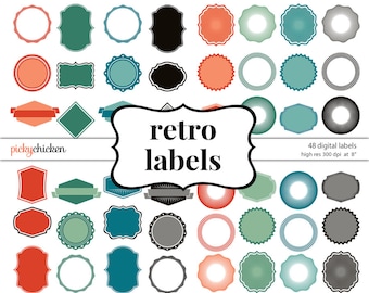 Retro Digital Tags - 48 Labels clip art digital frames scalloped round clipart printable Instant Download 5015