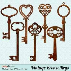 May include: Set of six vintage bronze keys with intricate designs. The keys are rusty and have a distressed look. They are approximately 8-9 inches long.