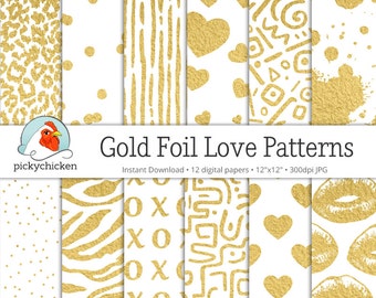 Gold Digital Paper - Gold Foil love confetti dots zebra leopard paint hearts Valentines Day 12x12 photography backdrop Instant Download 8066