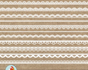 May include: 18 white lace borders, each with a different design, on a burlap background. The text "White Lace Borders" is at the bottom of the image. The text "18 High Resolution 12" Clip Art PNG Files - Transparent Background" is below the text "White Lace Borders".