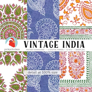 May include: A digital paper pack with 12 vintage Indian patterns. The patterns feature paisley, floral, and geometric designs in shades of blue, green, pink, orange, and white. The text "VINTAGE INDIA" is displayed in the center of the image.