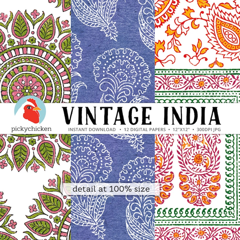 May include: A digital paper pack with 12 vintage Indian patterns. The patterns feature paisley, floral, and geometric designs in shades of blue, green, pink, orange, and white. The text "VINTAGE INDIA" is displayed in the center of the image.