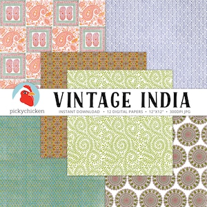 May include: Twelve digital papers featuring vintage Indian patterns in a variety of colors and designs. The papers are 12 inches by 12 inches and 300 DPI.