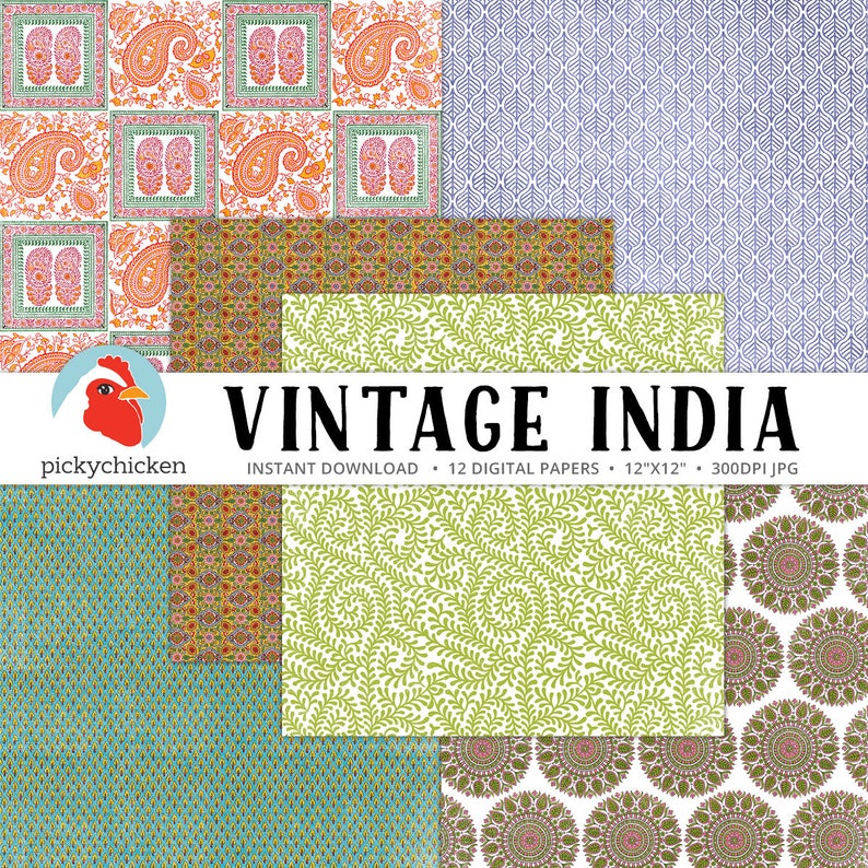 May include: Twelve digital papers featuring vintage Indian patterns in a variety of colors and designs. The papers are 12 inches by 12 inches and 300 DPI.