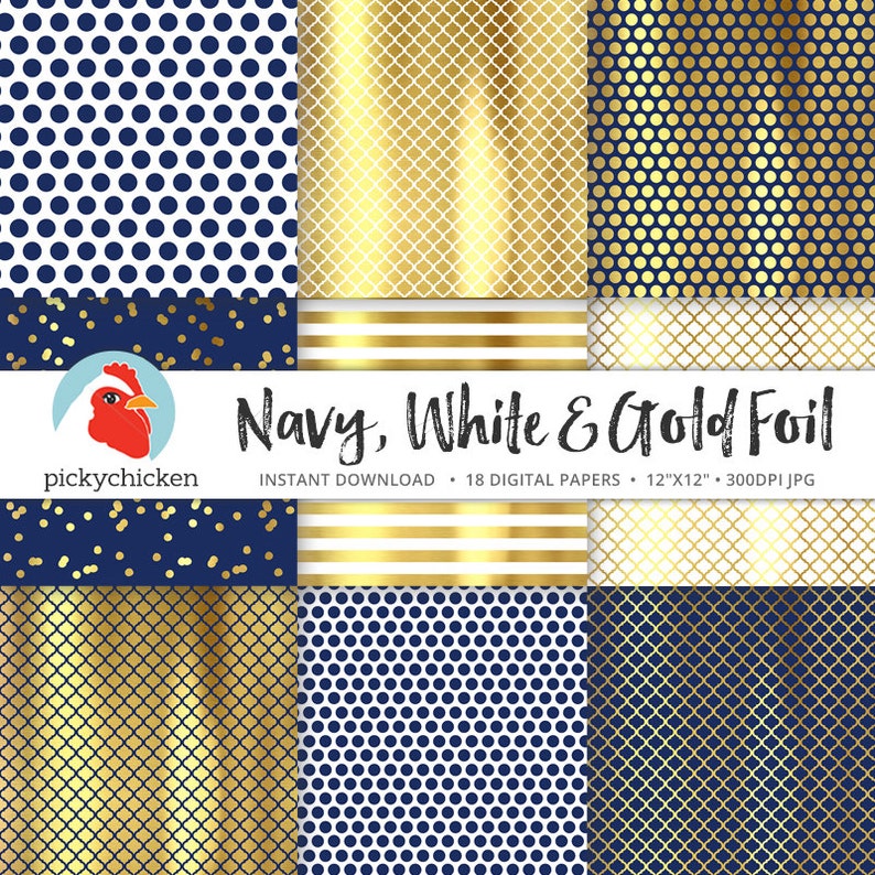 Gold Digital Paper faux gold foil, navy & white dots stripes confetti moroccan trellis blue nautical preppy photography backdrop 8085 image 2