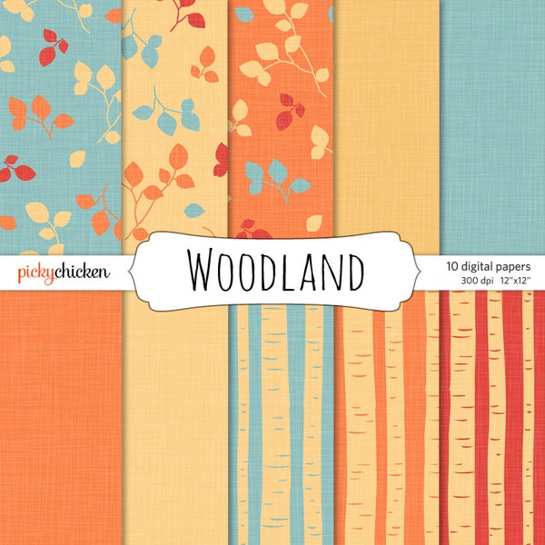 Woodland Trees Leaves & Linen digital papers - fall colors birch trees aspen scrapbooking background wallpaper 12x12 Instant Download 8019