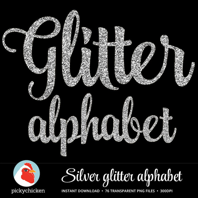 Silver Glitter Alphabet Silver Alphabet sparkly script handwriting, glitter clip art letters dye sublimation dyesub 5033 image 1