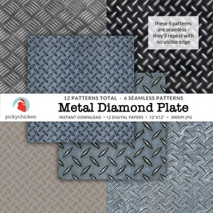 May include: Twelve digital papers featuring seamless patterns of metal diamond plate in various shades of grey and black. The patterns are 12 inches by 12 inches and 300 DPI. The text "Metal Diamond Plate" is in a white font on a black background.