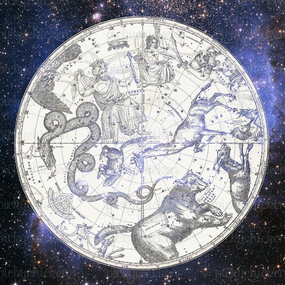 Vintage Astrology Map - Horoscope Star Galaxy 9x9 Digital