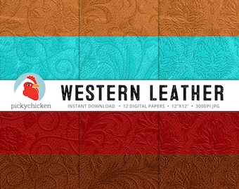 Leather Digital Paper - western retro country turquoise red tan vintage embossed photography backdrop Instant Download 8095