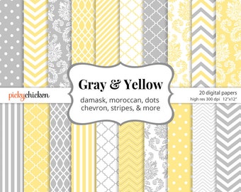Yellow & Gray Digital Paper - damask chevron digital paper polka dots moroccan photography backdrop Instant Download 8053