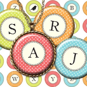Polka Dot Alphabet Initials - 1 inch circles 25mm - orange rose lime green turquoise - INSTANT DOWNLOAD for pendants magnets pc2116