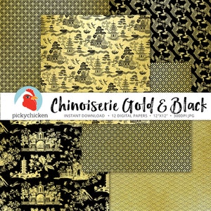 Chinoiserie Digital Paper, Gold & Black Chinese patterns, french chinoiserie, trellis, blue willow, faux gold foil photography backdrop 8094 image 3