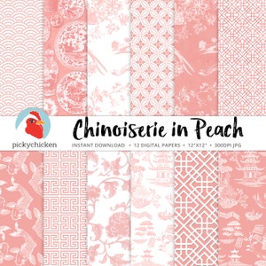 Chinoiserie Digital Paper, chinesische Muster, Pfirsich & weißes Papier, erröten, Hochzeit, Frühling, orientalisch, Französisch, China Fotografie Hintergrund 8112