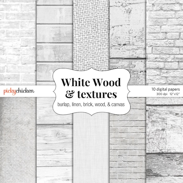 White Wood Digital Paper - burlap, linen, brick, white & gray, rustic wedding 12x12 photography backdrop printable instant download 8045