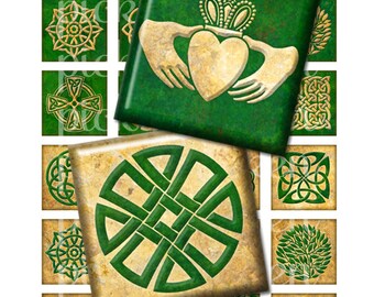 Celtic Green & Gold Digital Collage Sheet  - 1.5 inch squares - INSTANT DOWNLOAD - pendants magnets 2109