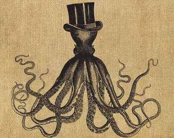 Octopus in a top hat - vintage illustration 8x10 digital INSTANT DOWNLOAD printable image burlap Octopus print 3039