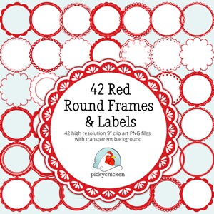 May include: 42 red round frames and labels with white interiors. The frames are in various styles and sizes. The text "42 Red Round Frames & Labels" is in the center of the image. The text "42 high resolution 9" clip art PNG files with transparent background" is below the title. The text "pickychicken" is at the bottom of the image.