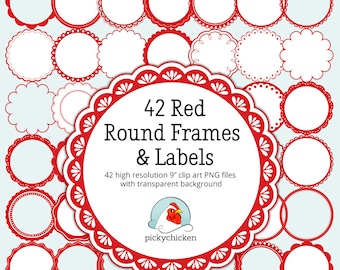 Red Circle frames clip art - 42 red & white digital frames scalloped labels round tags clipart photography overlay Instant Download 5021