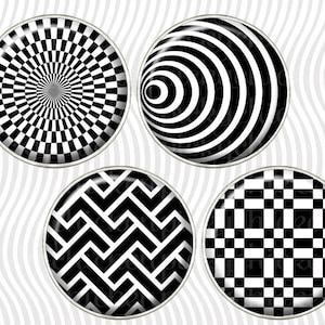 May include: Set of four black and white round patterned stickers. The patterns include a checkerboard, a spiral, a chevron, and a concentric circle design.