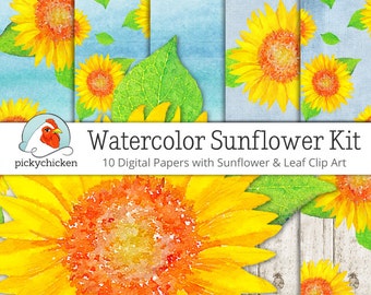 Watercolor Sunflower Digital Paper & Clip Art kit sunflower clipart wood textured digital paper photography backdrop Instant Download 8067