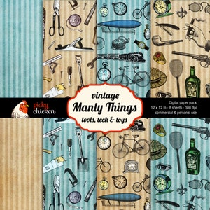 Männliche Dinge Digital Scrapbook Papier - Vatertag 30x30cm Auto Werkzeuge Kamera Uhr Zug Blimp Hintergrund Instant Download-8013