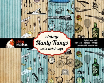 Manly Things Digital Scrapbook Paper - Father's Day 12x12 car tools camera watch train blimp background Instant Download 8013