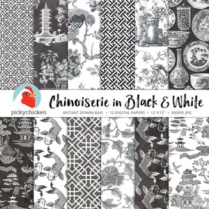 Chinoiserie Digital Paper, Chinese patterns, black & white paper, gray french chinoiserie photography backdrop 8090