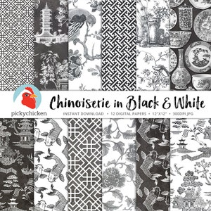Chinoiserie Digitalpapier, chinesische Muster, schwarz / weiß Papier, grau französische Chinoiserie Fotografie Hintergrund 8090