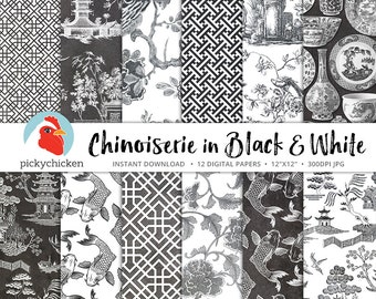 Chinoiserie Digital Paper, Chinese patterns, black & white paper, gray french chinoiserie photography backdrop 8090