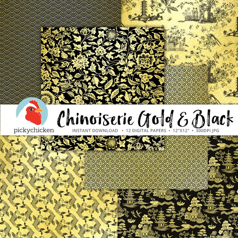 Download Chinoiserie Digital Paper Gold & Black Chinese patterns | Etsy