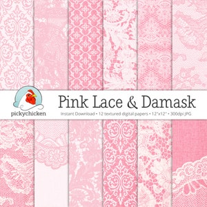 Pink Digital Paper Lace & Damask on Linen - 12 Fotografie Kulissen, rosa Damast Scrapbook Papiere, rosa Spitze Hochzeit Instant Download 8059
