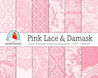 Pink Digital Paper Lace & Damask on Linen - 12 photography backdrops, pink damask scrapbook papers, pink lace wedding Instant Download 8059