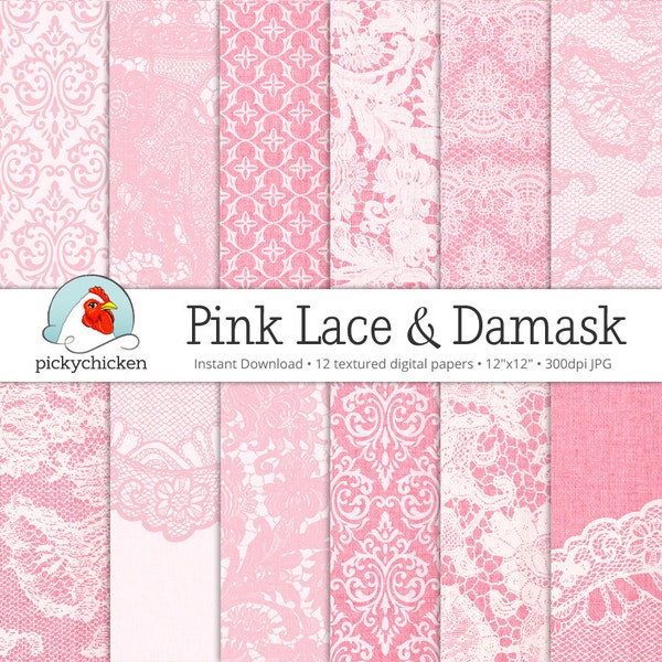 Pink Digital Paper Lace & Damask on Linen - 12 photography backdrops, pink damask scrapbook papers, pink lace wedding Instant Download 8059