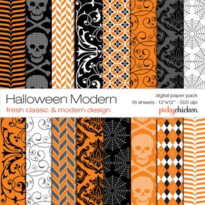 Carta digitale Halloween - moderna stampe Damasco, arancio, teschi, raccoglitore nero 12x12 Instant Download 8029